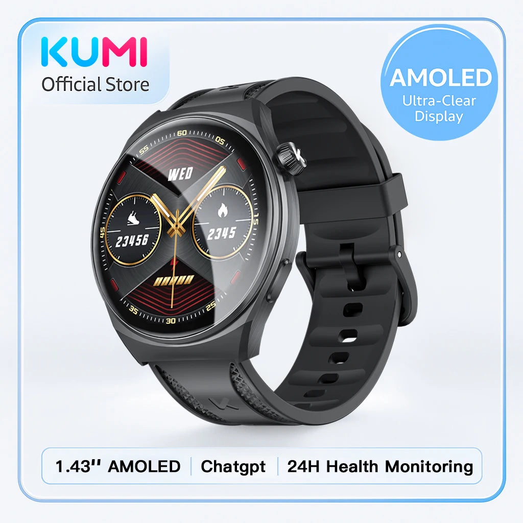 KUMI GW6 Smart Watch Men, 1.43" AMOLED Display, ChatGPT AI Assistant, Bluetooth Call, IP68 Waterproof Fitness Tracker