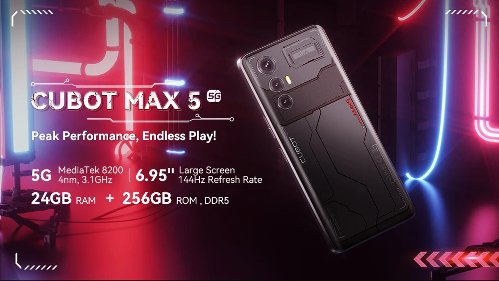 CUBOT MAX 5, 5G Smartphone Android, Dimensity 8200, 6.95" 144Hz Large Screen, 24GB RAM + 256GB ROM, Gaming Phone, Coming Soon