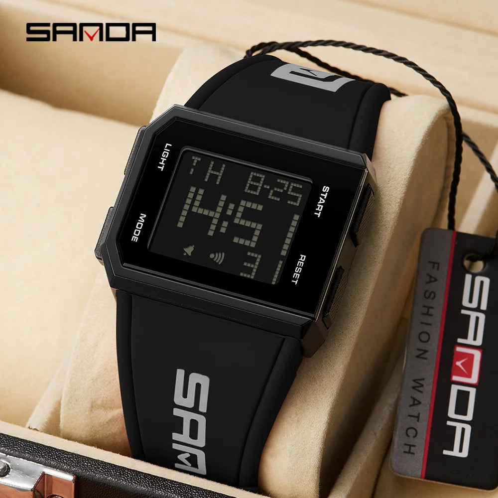 SANDA Sport Men's Waterproof Luminous Stopwatch Watch Square Dial LED Digital Wristwatch with TPU Strap