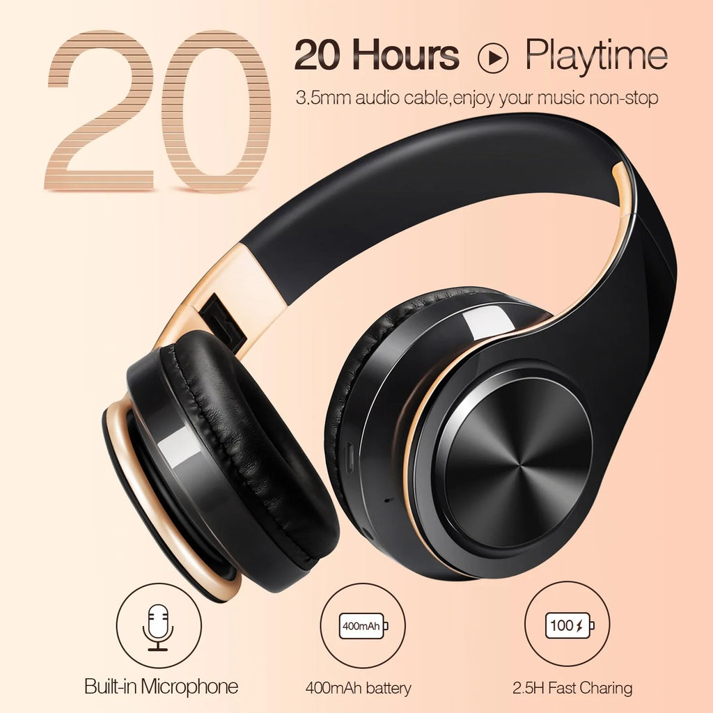 Men Gift Gold Wireless Headphones Bluetooth Earphone Stereo Headset Game with Build-in MIC with Universal for Android and iOS