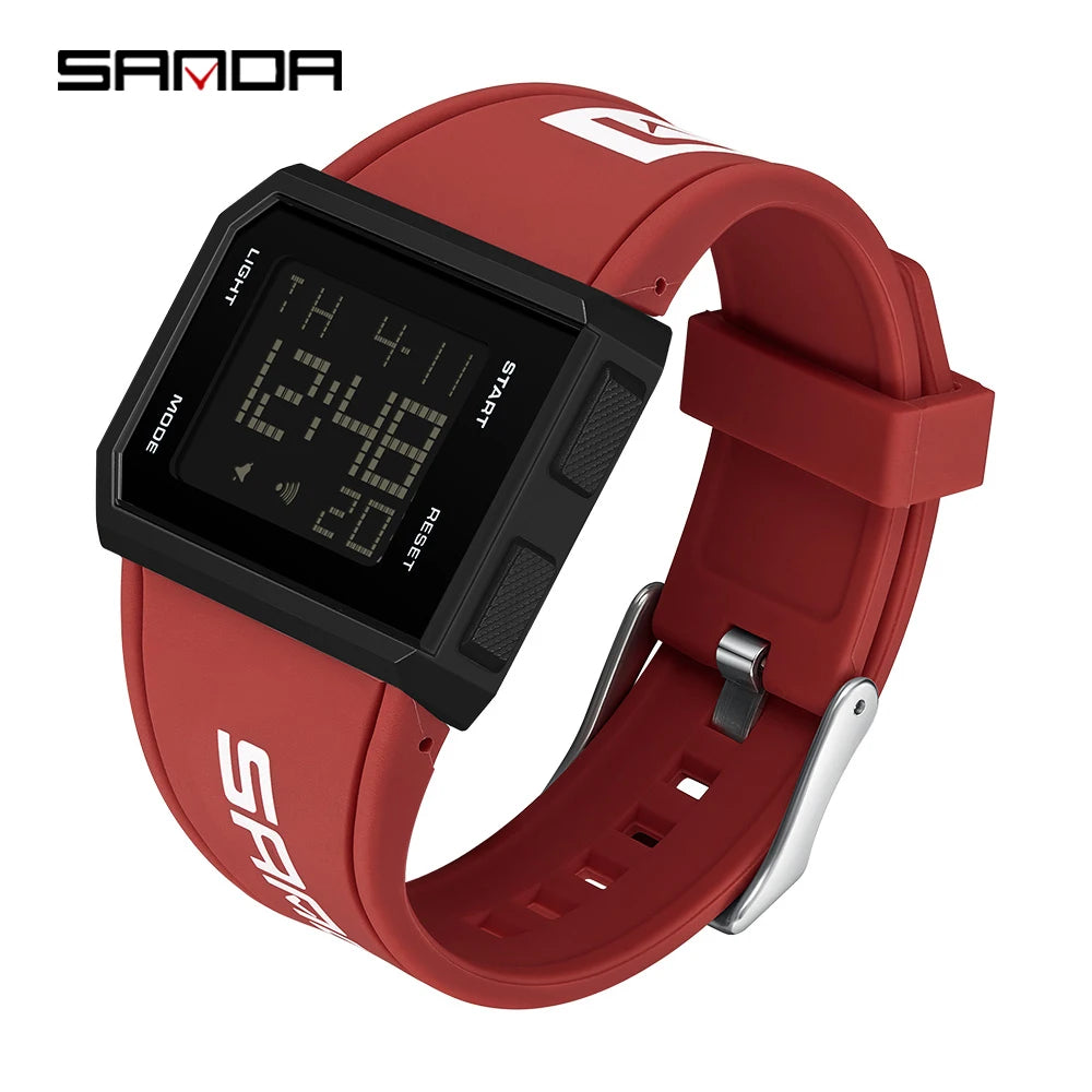SANDA Sport Men's Waterproof Luminous Stopwatch Watch Square Dial LED Digital Wristwatch with TPU Strap
