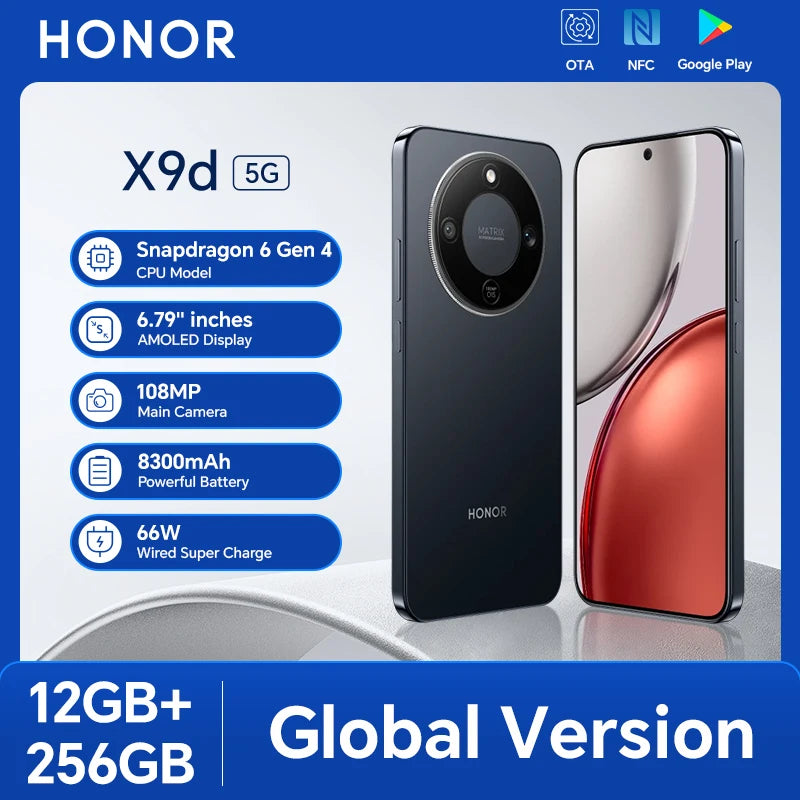 HONOR X9d 12GB+256GB Global Version 5G Smartphone 6.79'' 120Hz AMOLED Screen 108MP AI Main Camera 8300 mAh 66W Supercharging