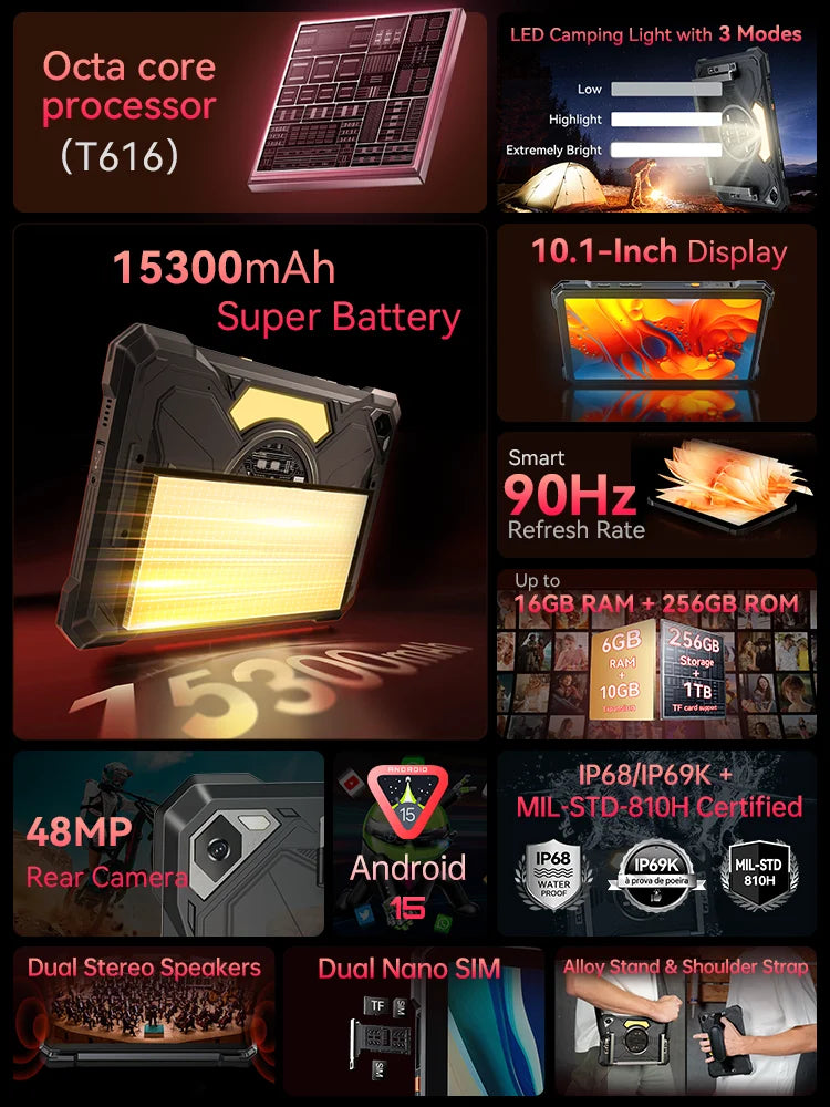 Tablet Android 15 Cubot TAB KingKong S, 15300 mAh Battery, 16GB(6+10), 256GB, 10.1-Inch 90Hz Display, Camping Light, 48MP Camera