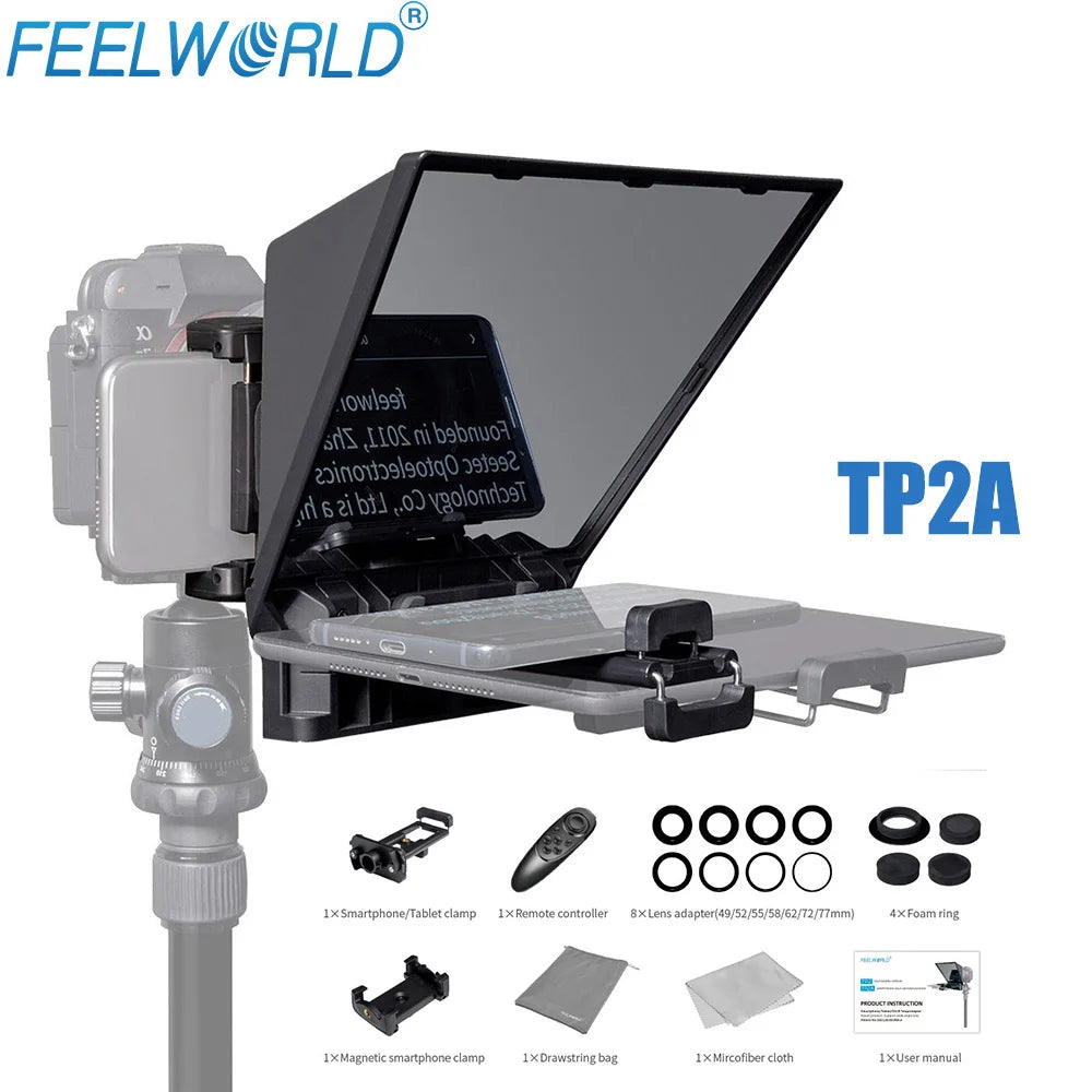 FEELWORLD Mini Teleprompter TP2A 8 inch Portable Supports Under 8"  Smartphone Tablet Prompting Smartphone DSLR Camera Bluetooth