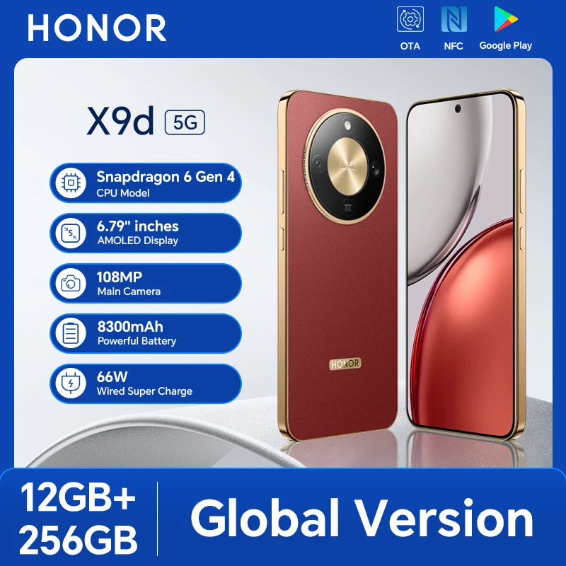 HONOR X9d 12GB+256GB Global Version 5G Smartphone 6.79'' 120Hz AMOLED Screen 108MP AI Main Camera 8300 mAh 66W Supercharging