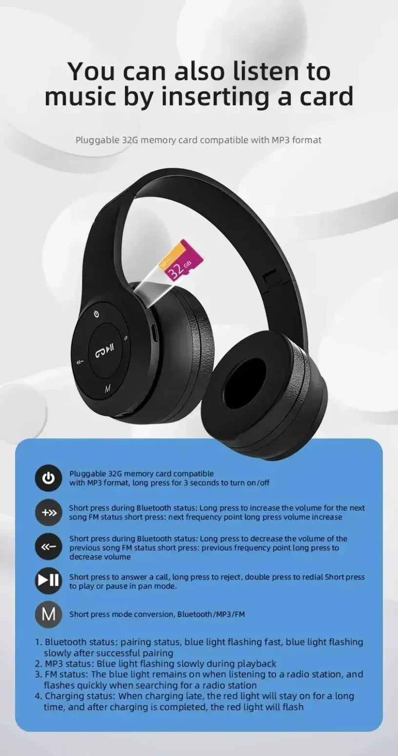 Multifunctional Portable Foldable Headmounted Wireless Bluetooth 5.0 Headset For Bluetooth connection TF Card Wired Connection