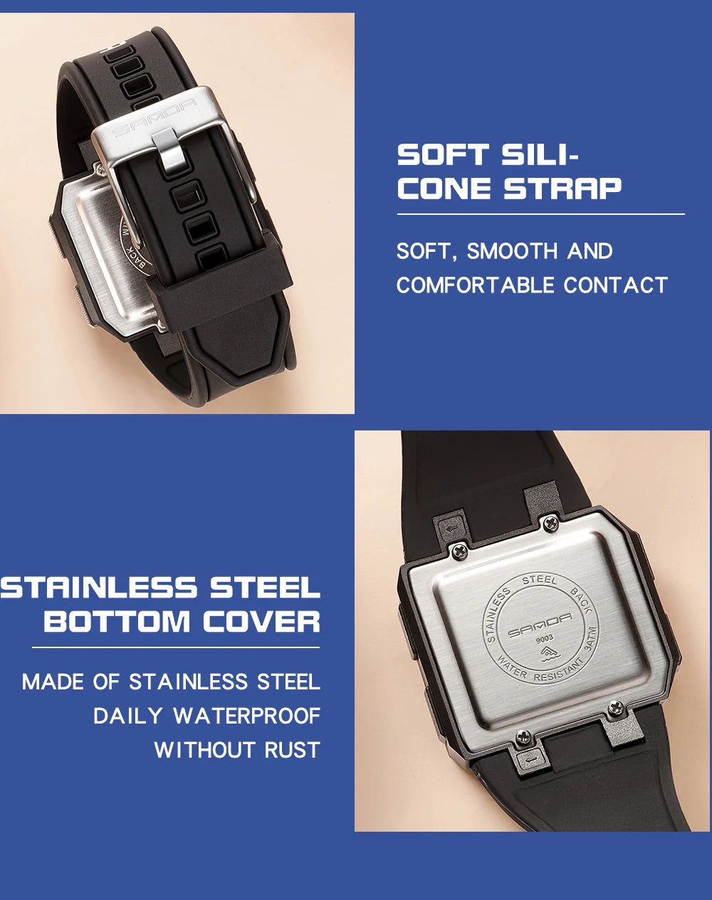 SANDA Sport Men's Waterproof Luminous Stopwatch Watch Square Dial LED Digital Wristwatch with TPU Strap