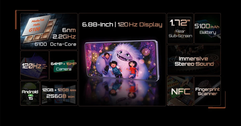 Cubot Android Smartphone P90, G100 Octa-core, 2.2GHz, Dual Speakers, 24GB+256GB, 6.88" 120Hz Screen, 64MP, 5100mAh,NFC, 4G Phone