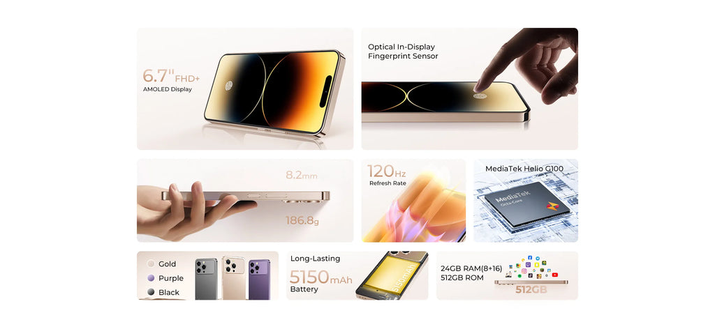 OUKITEL P1 PRO Smartphone Android 15, 6.7-inch FHD+ AMOLED 120Hz, 24(8+16)GB+512GB ROM Dual 4G Cellphone, 5150mAh Battery