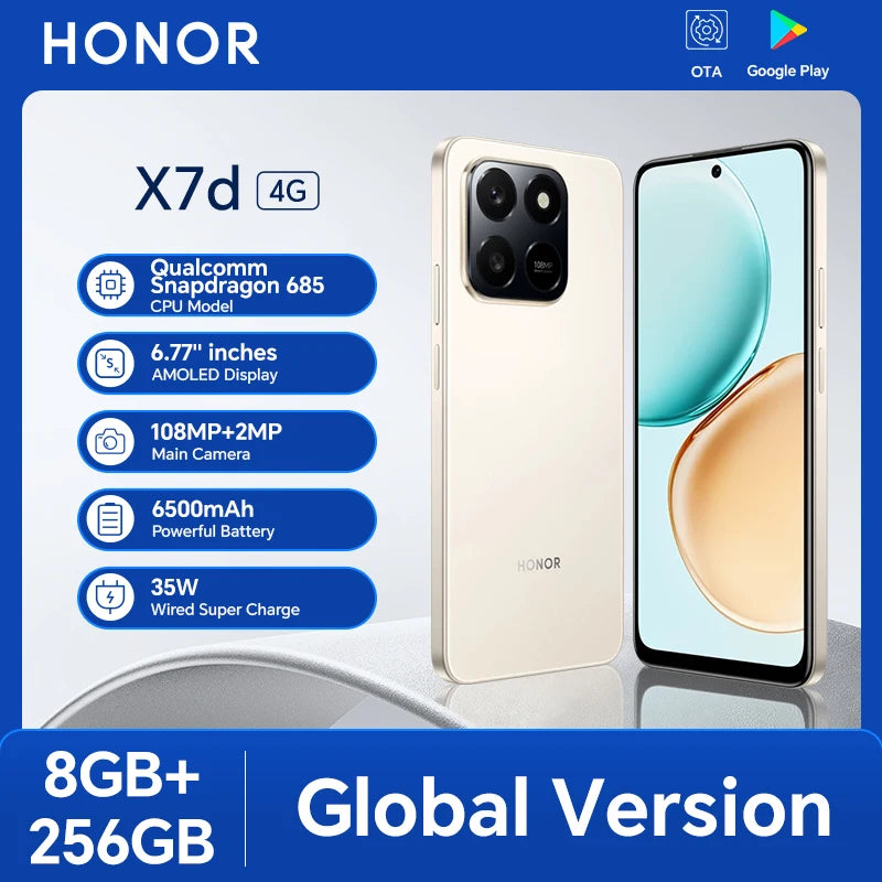 Original Global Version HONOR X7d 4G 8GB+256GB 6.77'' TFTLCD Screen 108M Main Camera 6500mAh 35W SuperCharge MagicOS 9.0
