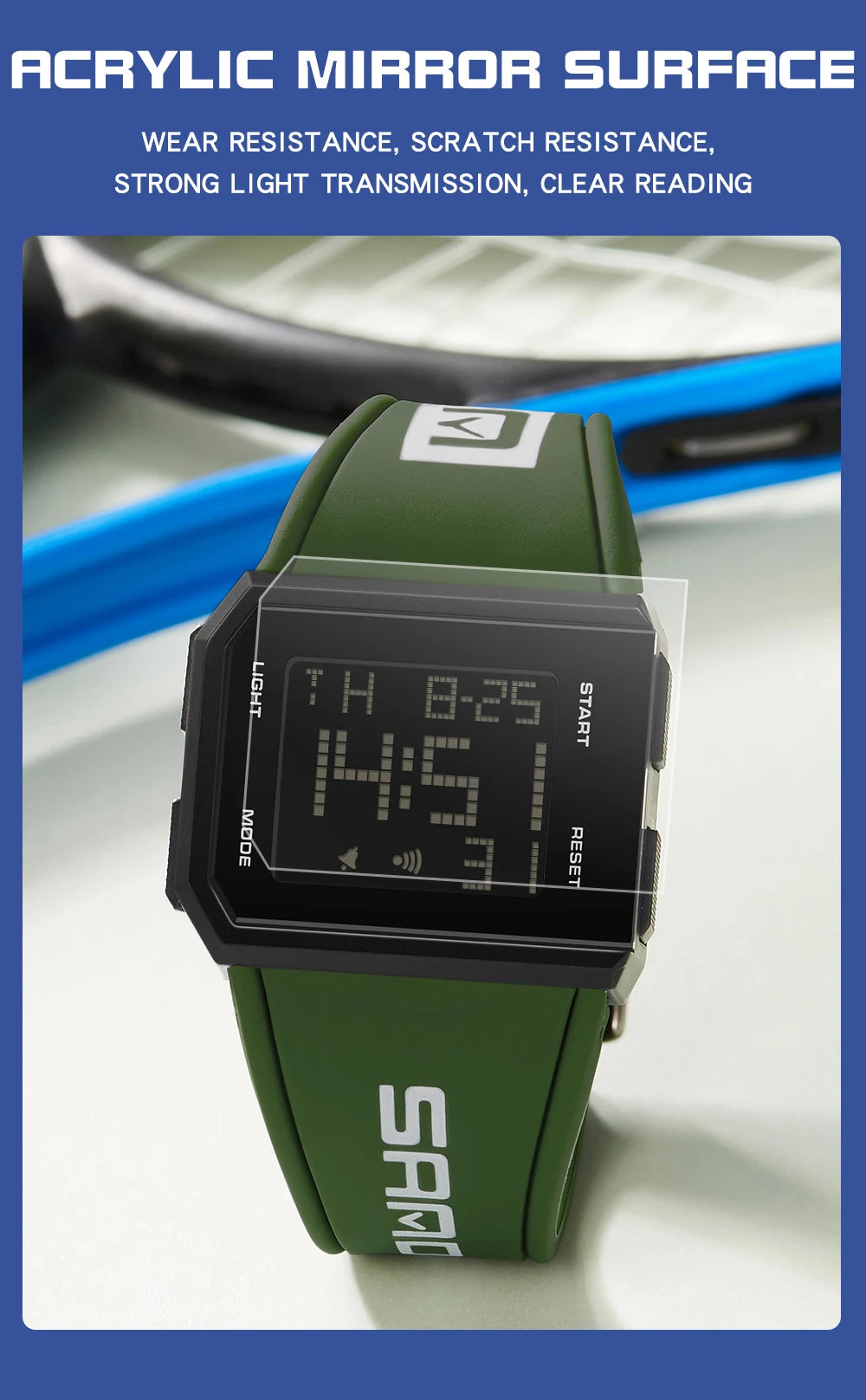 SANDA Sport Men's Waterproof Luminous Stopwatch Watch Square Dial LED Digital Wristwatch with TPU Strap