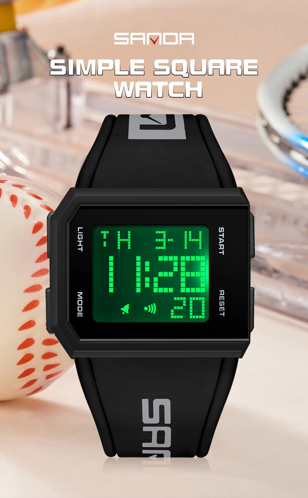 SANDA Sport Men's Waterproof Luminous Stopwatch Watch Square Dial LED Digital Wristwatch with TPU Strap