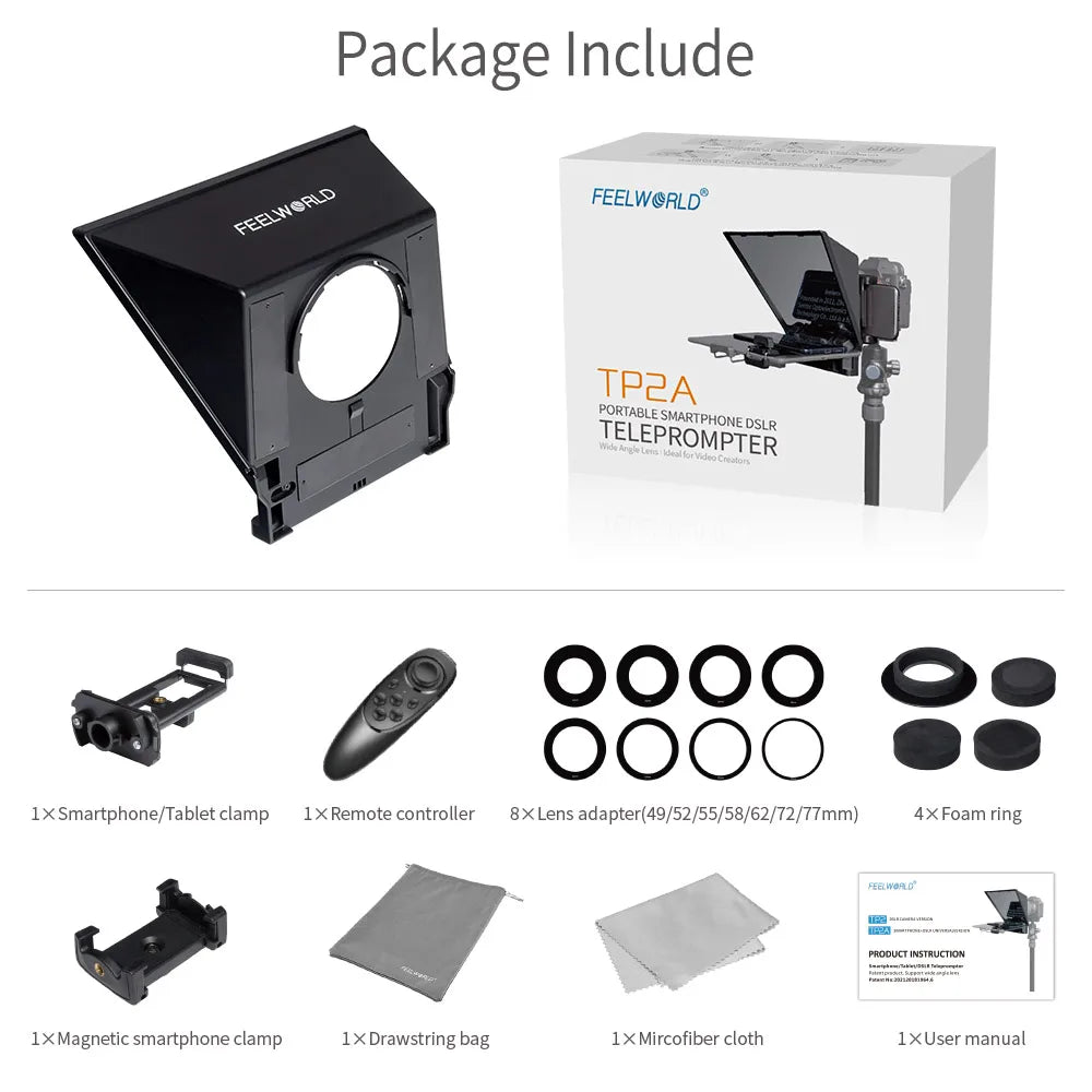 FEELWORLD Mini Teleprompter TP2A 8 inch Portable Supports Under 8"  Smartphone Tablet Prompting Smartphone DSLR Camera Bluetooth