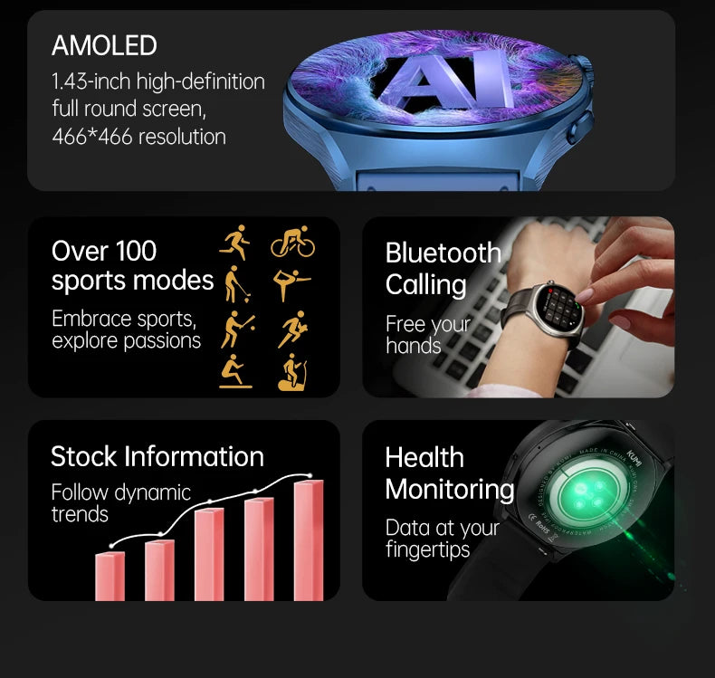KUMI GW6 Smart Watch Men, 1.43" AMOLED Display, ChatGPT AI Assistant, Bluetooth Call, IP68 Waterproof Fitness Tracker