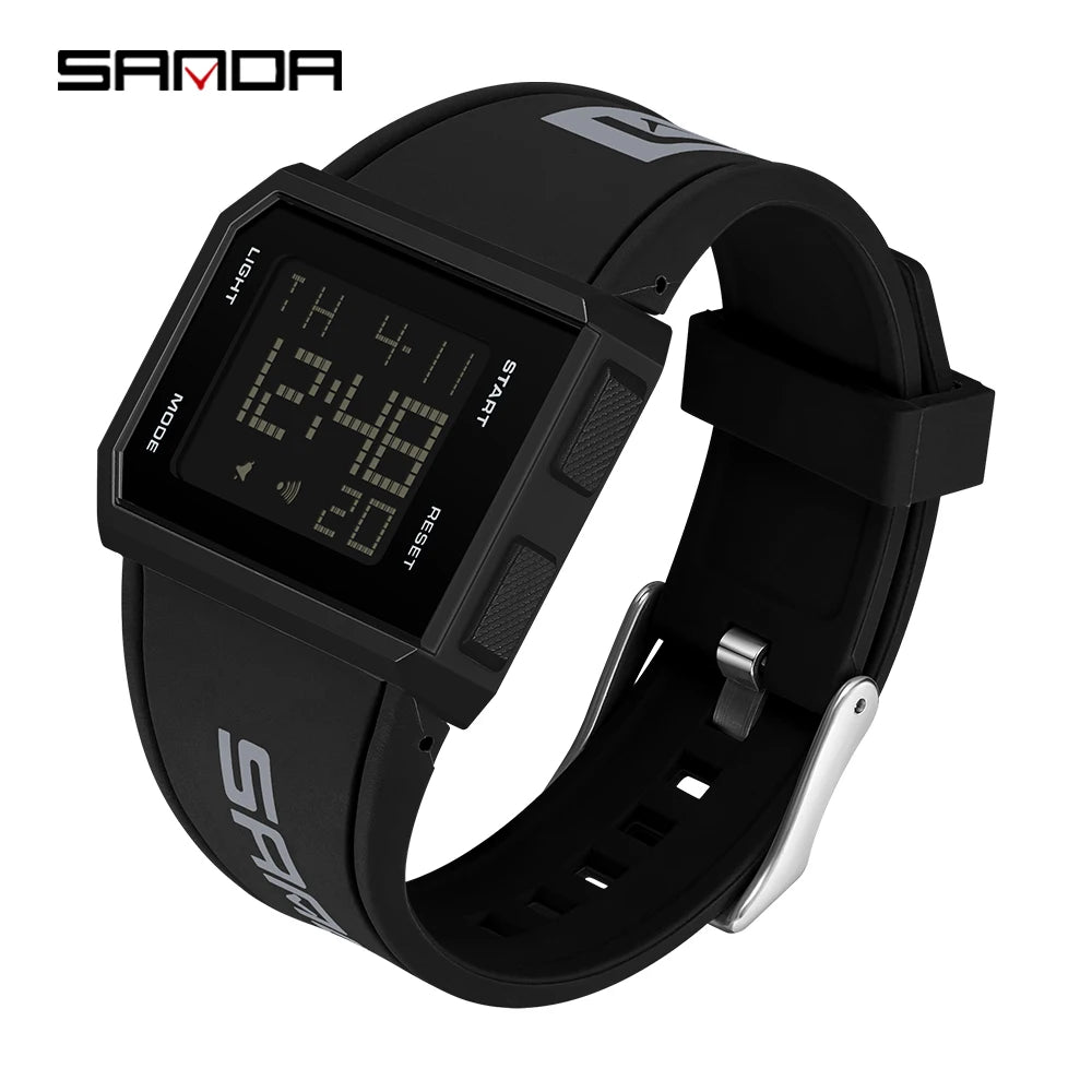 SANDA Sport Men's Waterproof Luminous Stopwatch Watch Square Dial LED Digital Wristwatch with TPU Strap