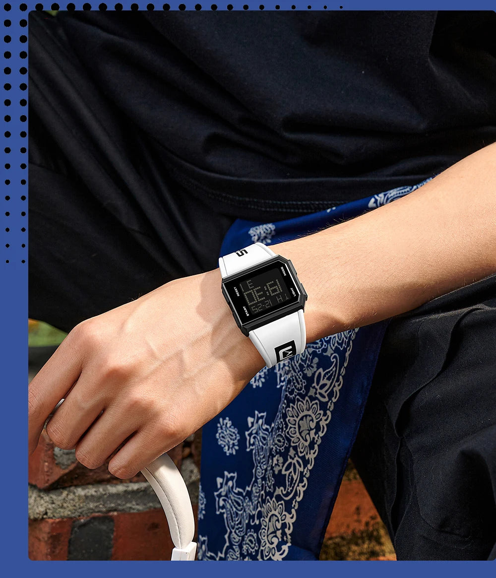 SANDA Sport Men's Waterproof Luminous Stopwatch Watch Square Dial LED Digital Wristwatch with TPU Strap