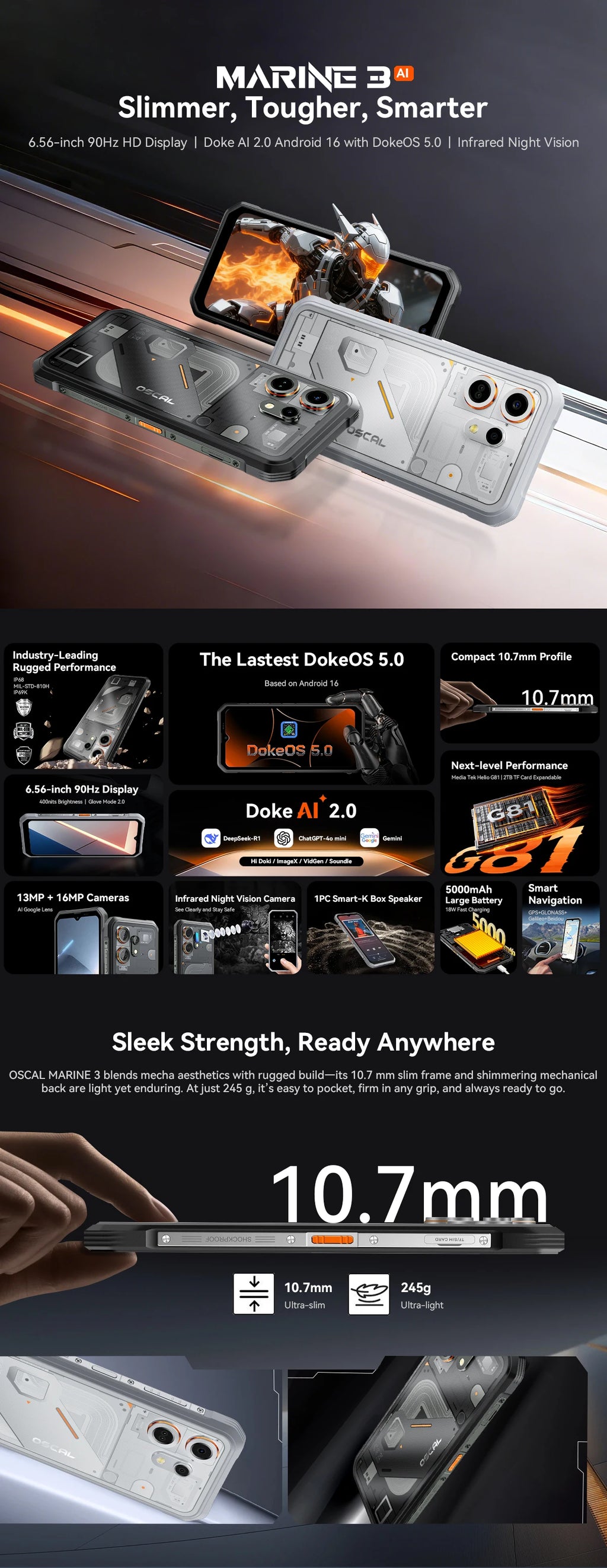 Blackview OSCAL MARINE 3 Rugged Smartphone 6.56" HD 90Hz Display Helio G81 13MP+16MP Camera 5000mAh Battery Android 16 Mobile