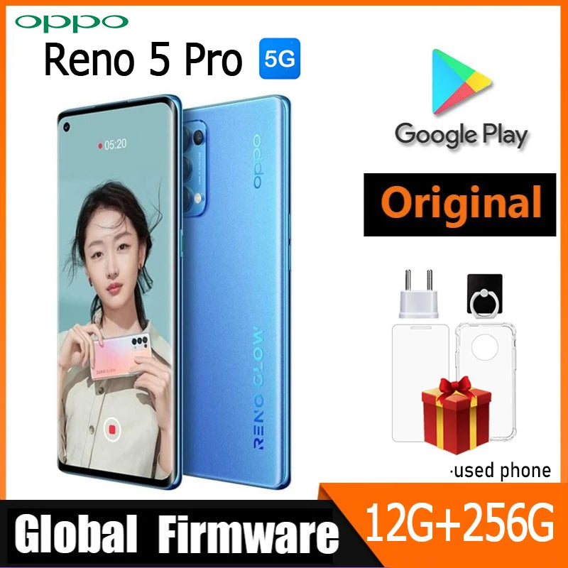 OPPO Reno 5 pro 5G smartphone Global firmware 12GB 256GB ColorOS 11.1 6.55" 64MP Quadruple camera Dimensity 1000+ used phone