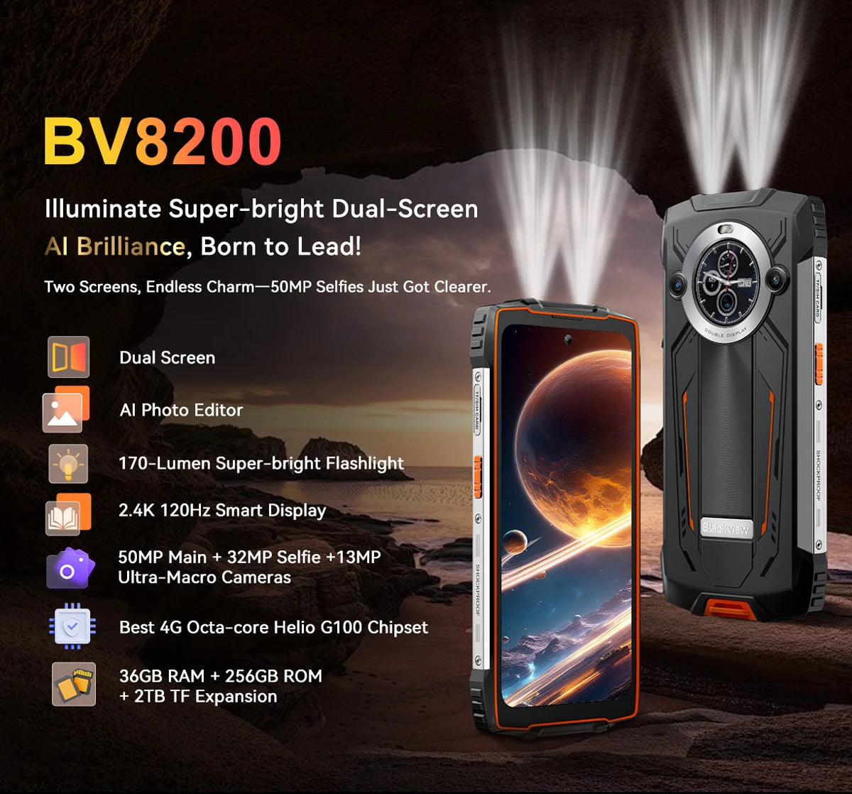 【World premiere】Blackview BV8200  Rugged phone 6.5" 2.4K 120Hz Display Helio G100 12GB 256GB NFC Flashlight Android 14 CellPhone