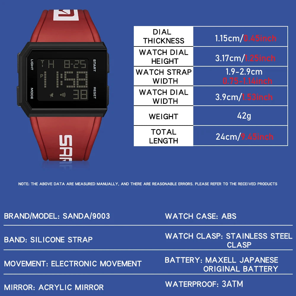 SANDA Sport Men's Waterproof Luminous Stopwatch Watch Square Dial LED Digital Wristwatch with TPU Strap