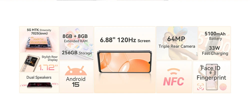 Smartphone 5G Cubot X100, Android 15, Dimensity 7025, 6nm, 2.5GHz,6.88-inch Screen,16GB(8+8),256GB, 64MP Camera, 5100mAh Battery