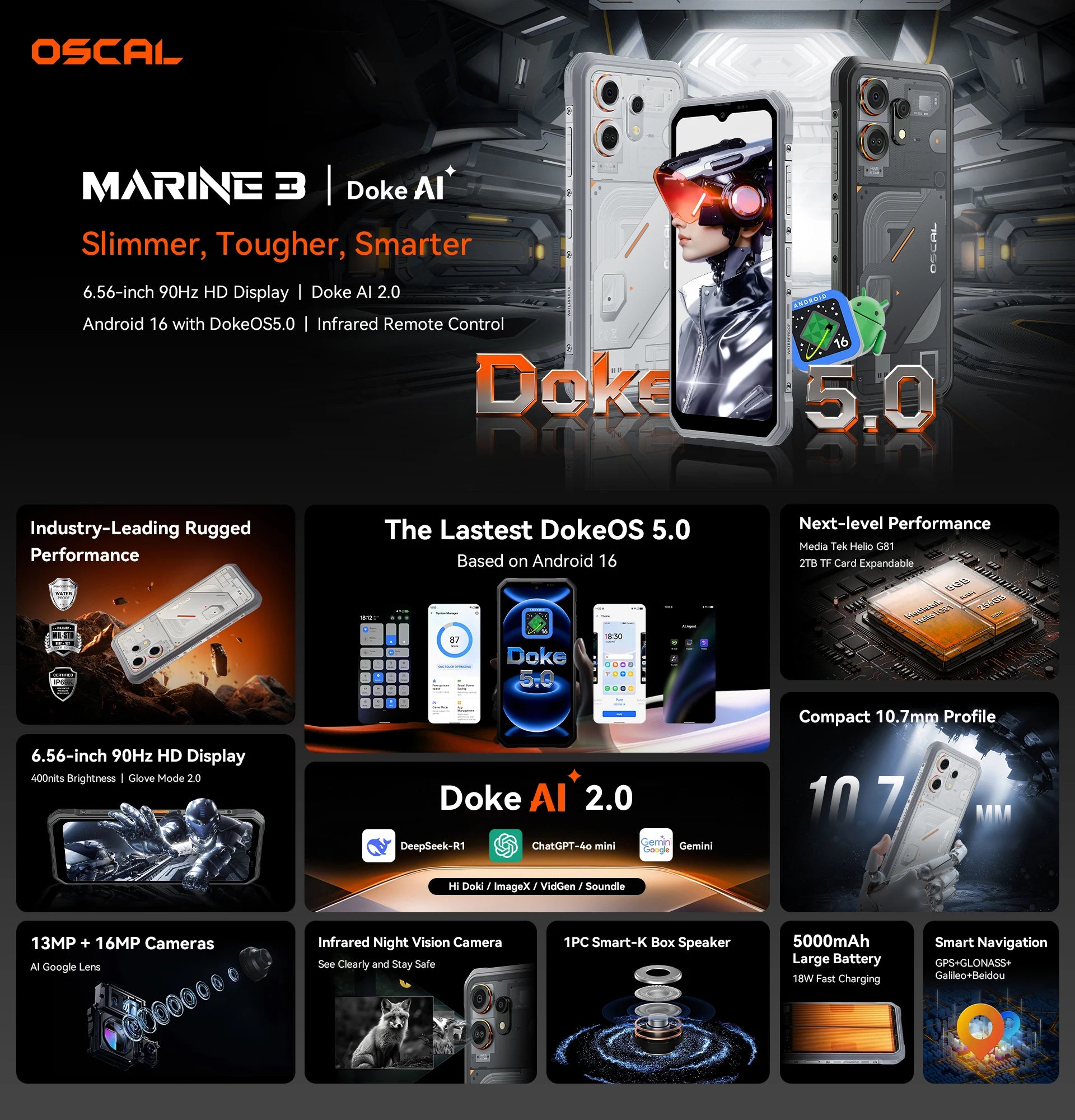 Blackview OSCAL MARINE 3 Rugged Smartphone 6.56" HD 90Hz Display Helio G81 13MP+16MP Camera 5000mAh Battery Android 16 Mobile